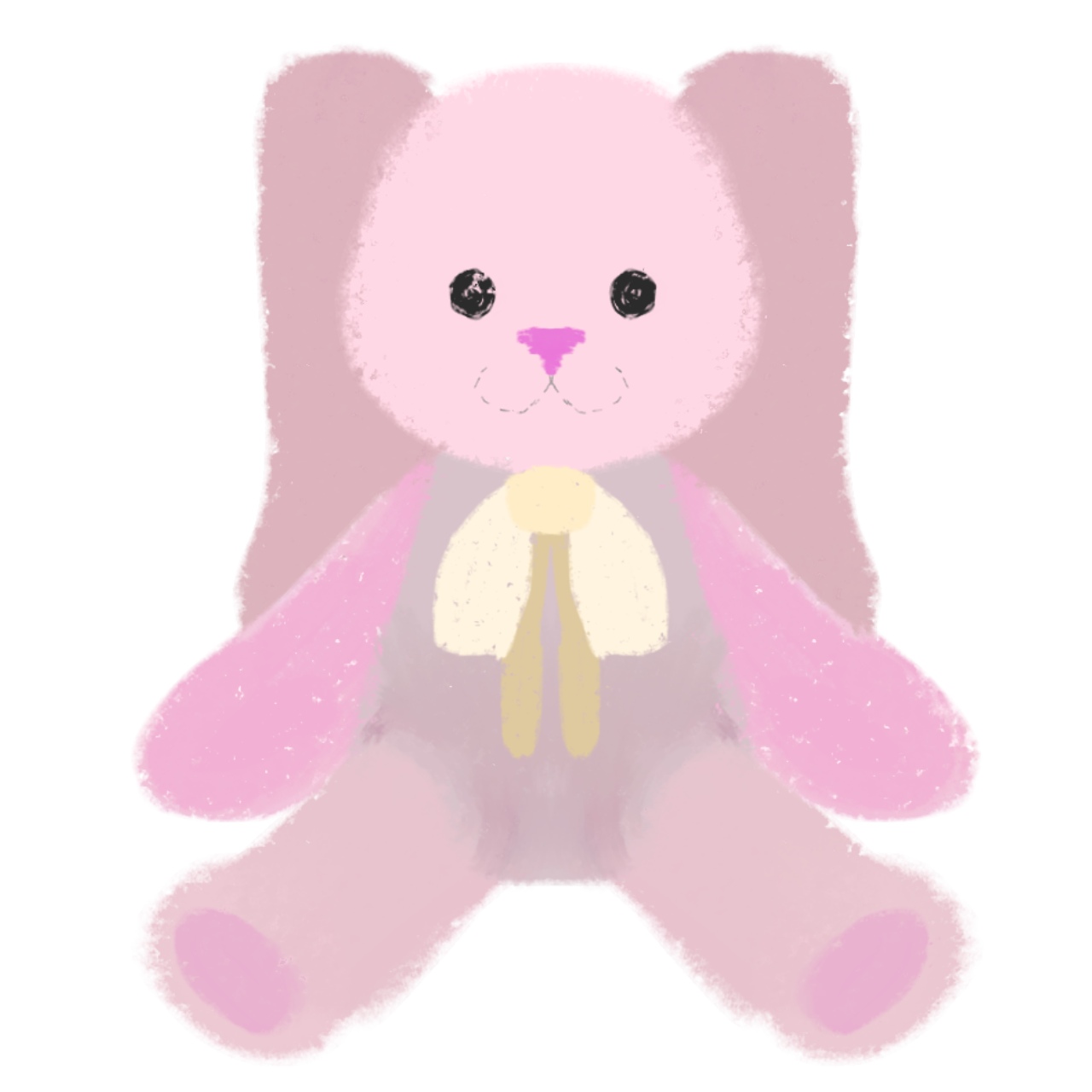 a cute, pink stuffed bunny. It's sitting down with its arms and legs spread out. The bunny has long floppy ears, a small black nose, and two black eyes. It's wearing a light yellow bow tie.